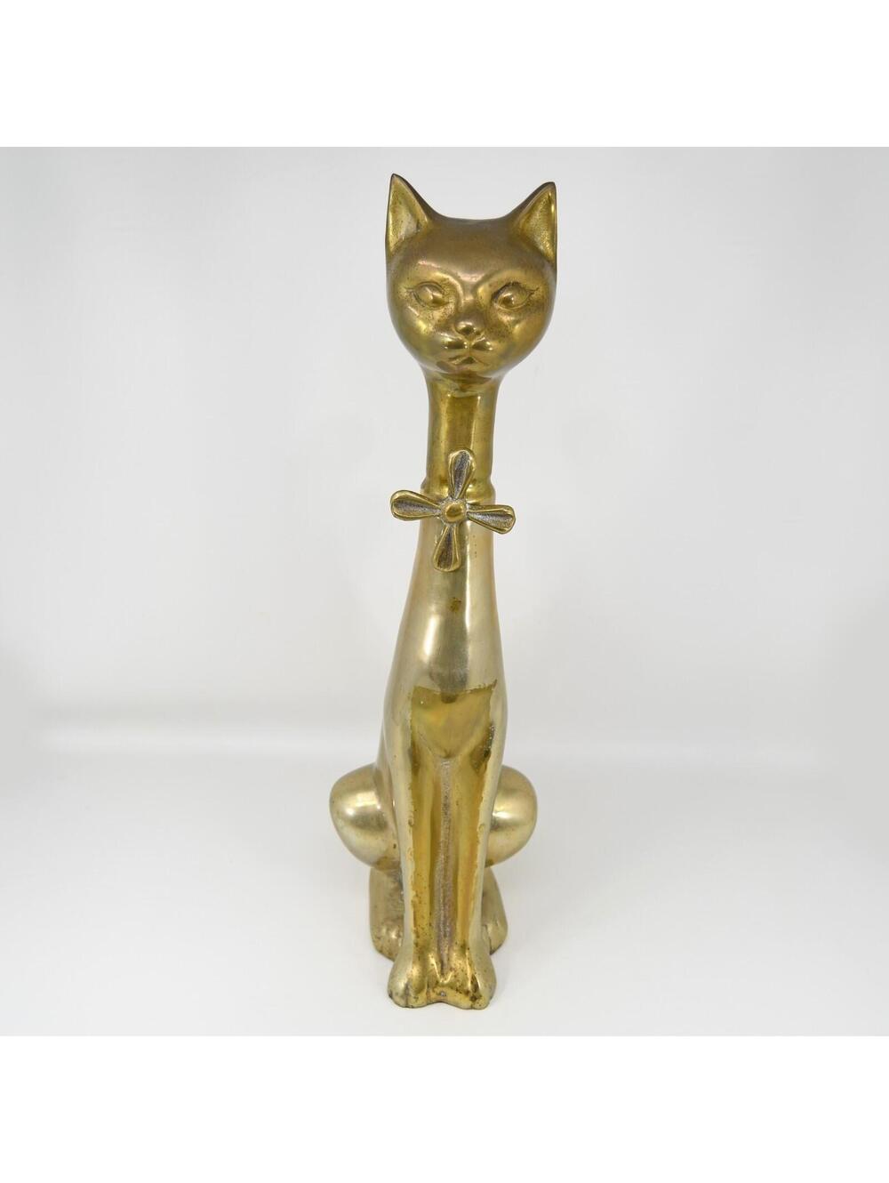 Vintage Brass Large Cat w/ Bowtie Figure Sculpture 20” Mid Century Modern Korea